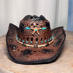 Brown & Black Straw Cowboy Hat w/ Starfish Detail & Turquoise Beading
